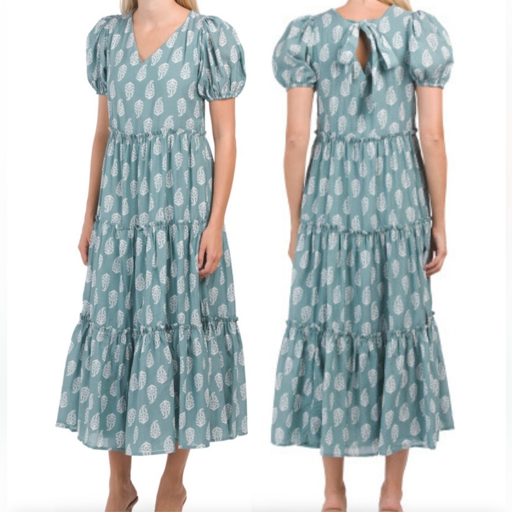 Lucky Brand Short Puff Sleeve Maxi-Dress V-neck Tiered Back-Tie Size Small Boho
